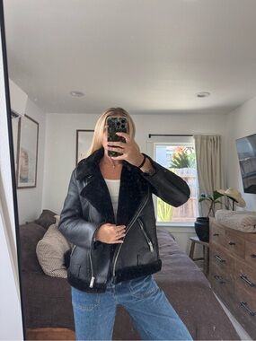 Black Faux Shearling Biker Jacket - Women